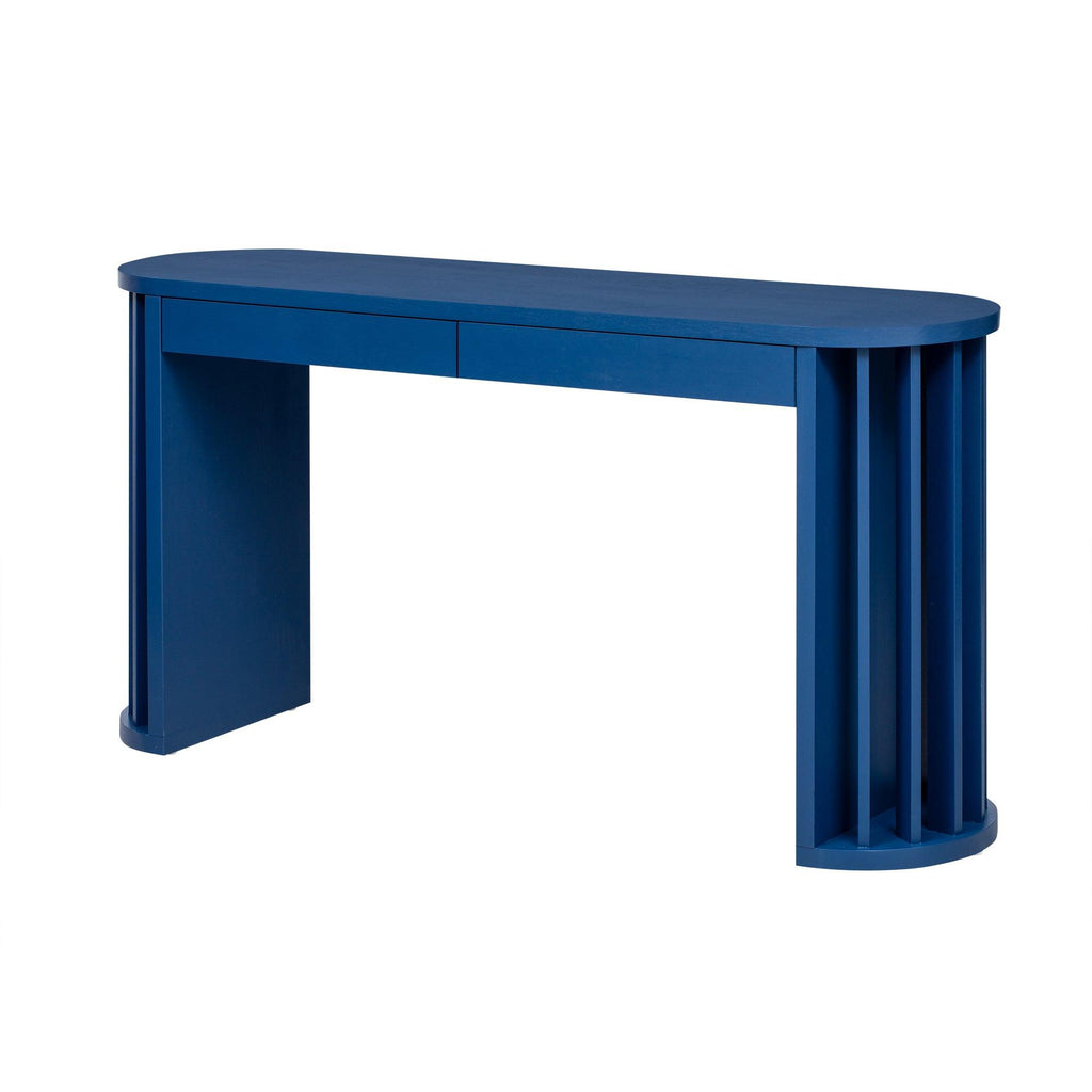 59-Inch Navy Blue Oak Veneer Farmhouse Console Table.