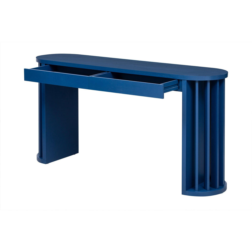 59-Inch Navy Blue Oak Veneer Farmhouse Console Table.