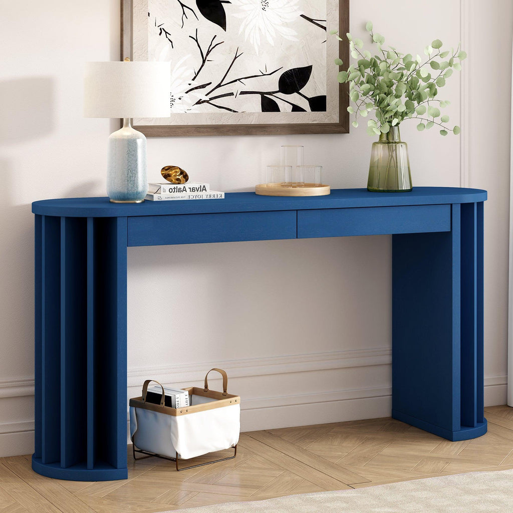 59-Inch Navy Blue Oak Veneer Farmhouse Console Table.