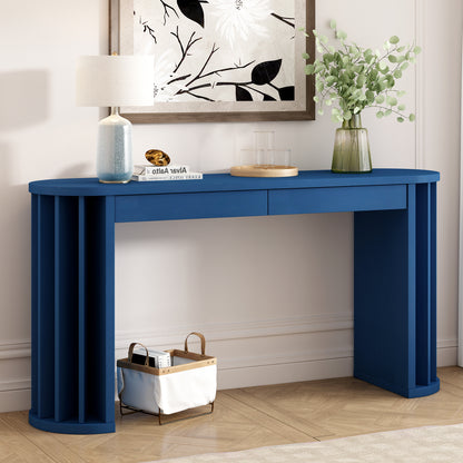 U_Style 59-inch Long Console Table,Oak Veneer Sofa Table,Curved and Straight Line Design,Behind the Couch, Farmhouse Entryway Table for Entrance, Hallway, Living Room (Navy Blue)