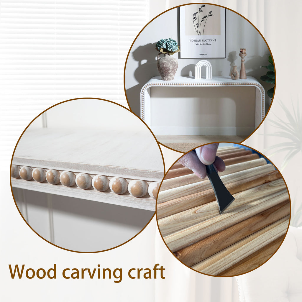 Washed white Console Table, 59in Entryway Table, Curved Waterfall-style Table,Console table with wood beads,Entrance Table for Entryway, Hallway, Living Room, Foyer, Corridor, Office