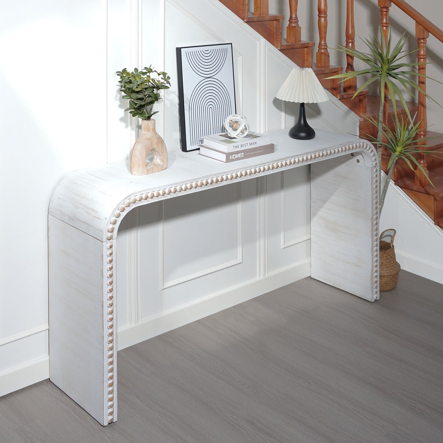 Washed white Console Table, 59in Entryway Table, Curved Waterfall-style Table,Console table with wood beads,Entrance Table for Entryway, Hallway, Living Room, Foyer, Corridor, Office