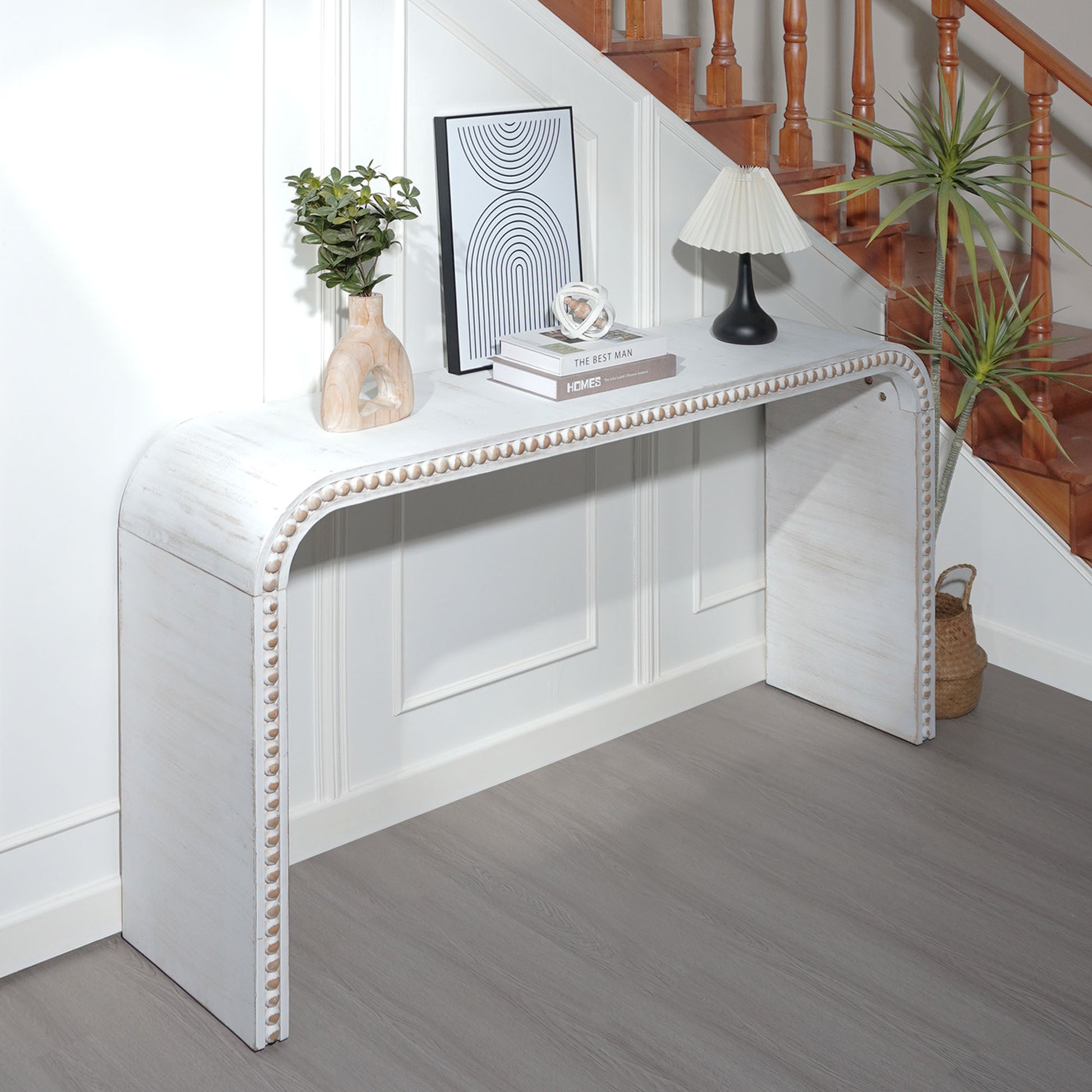 Washed white Console Table, 59in Entryway Table, Curved Waterfall-style Table,Console table with wood beads,Entrance Table for Entryway, Hallway, Living Room, Foyer, Corridor, Office