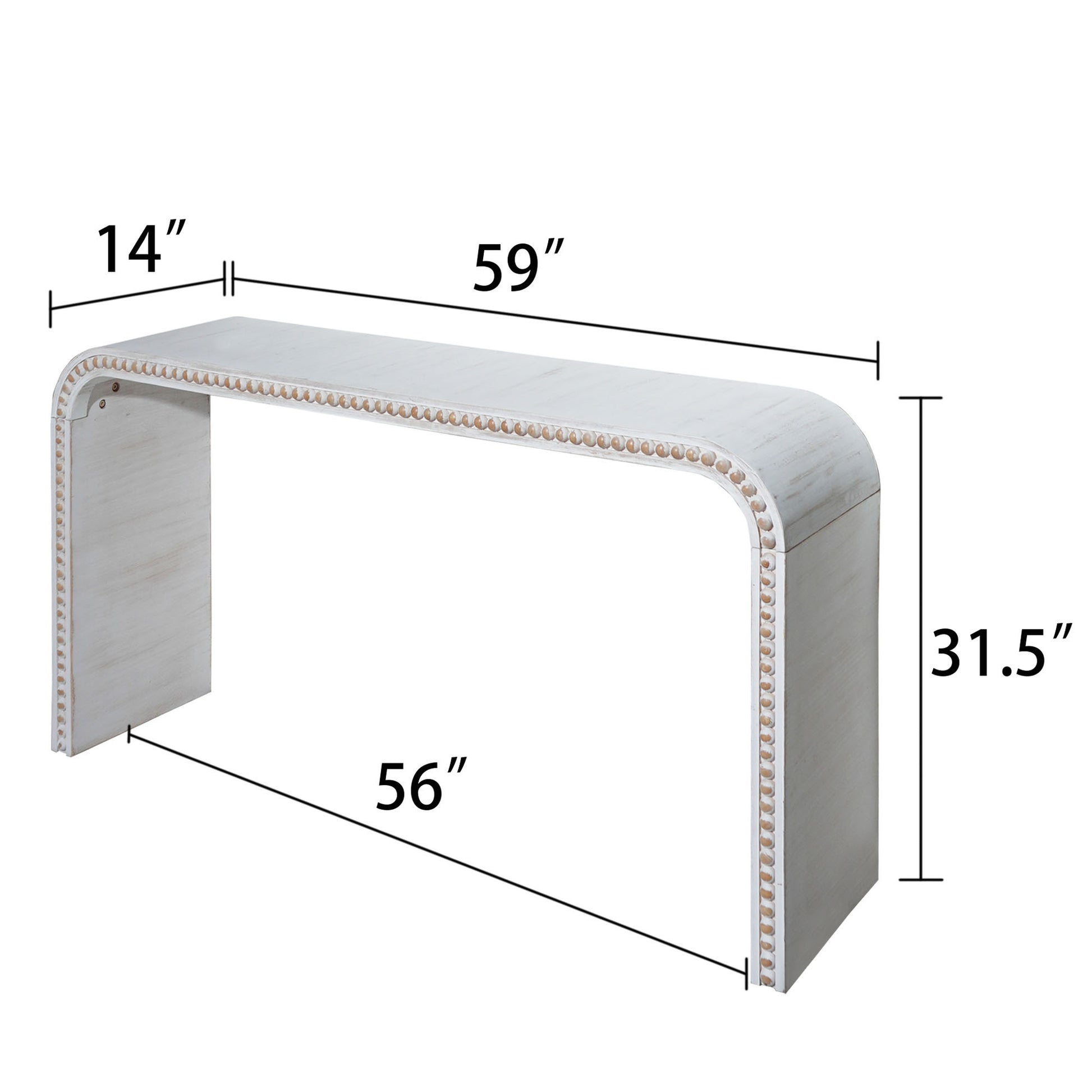 Washed white Console Table, 59in Entryway Table, Curved Waterfall-style Table,Console table with wood beads,Entrance Table for Entryway, Hallway, Living Room, Foyer, Corridor, Office