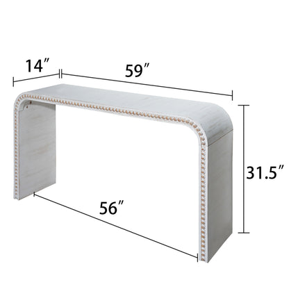 Washed white Console Table, 59in Entryway Table, Curved Waterfall-style Table,Console table with wood beads,Entrance Table for Entryway, Hallway, Living Room, Foyer, Corridor, Office