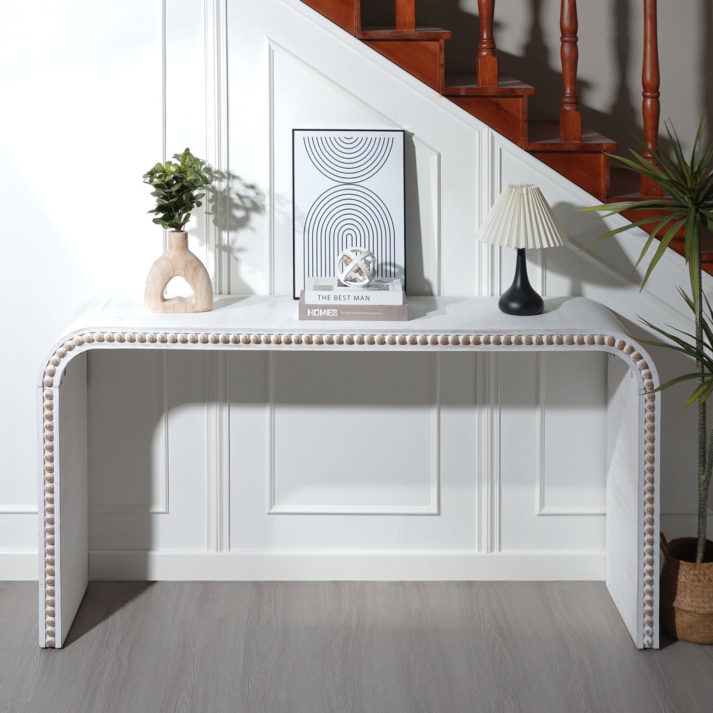 Washed white Console Table, 59in Entryway Table, Curved Waterfall-style Table,Console table with wood beads,Entrance Table for Entryway, Hallway, Living Room, Foyer, Corridor, Office