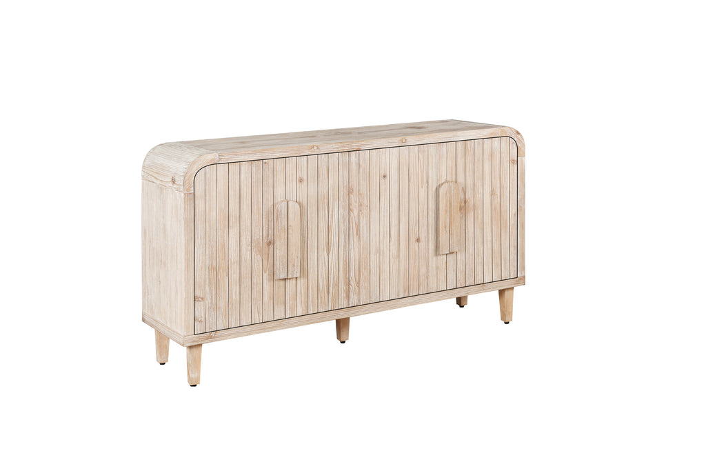 59'' Farmhouse Curved Vintage Storage Sideboard with Large Wooden Handles, Vertical Wood Grain Carving and Adjustable Shelves for Kitchen,Dining Room (Natural Wood Washed)