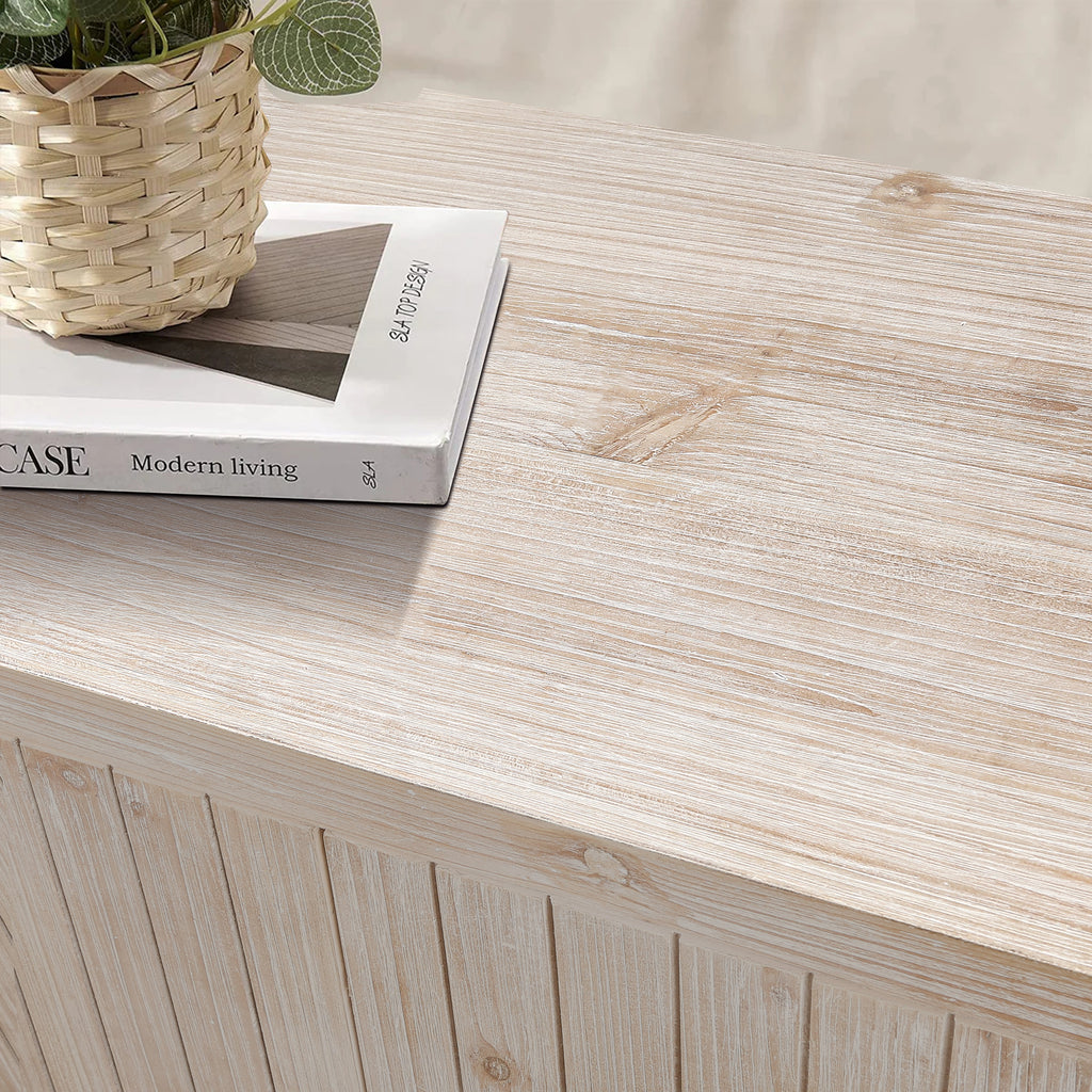 59'' Farmhouse Curved Vintage Storage Sideboard with Large Wooden Handles, Vertical Wood Grain Carving and Adjustable Shelves for Kitchen,Dining Room (Natural Wood Washed)