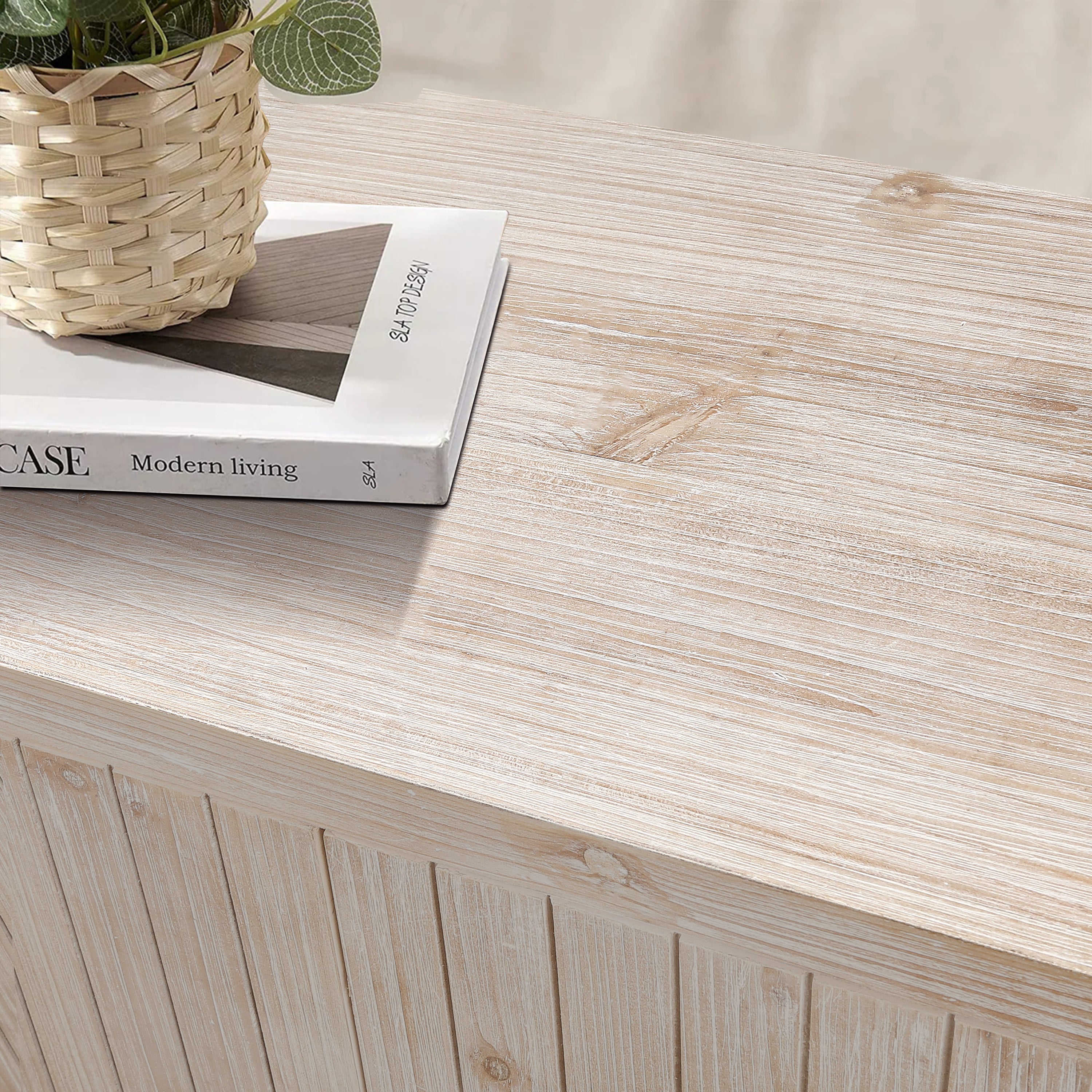 59'' Farmhouse Curved Vintage Storage Sideboard with Large Wooden Handles, Vertical Wood Grain Carving and Adjustable Shelves for Kitchen,Dining Room (Natural Wood Washed)