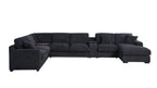 Front view of Celine sectional sofa in dark gray with chaise, USB ports, and cupholders. Features plush cushions and modern design.