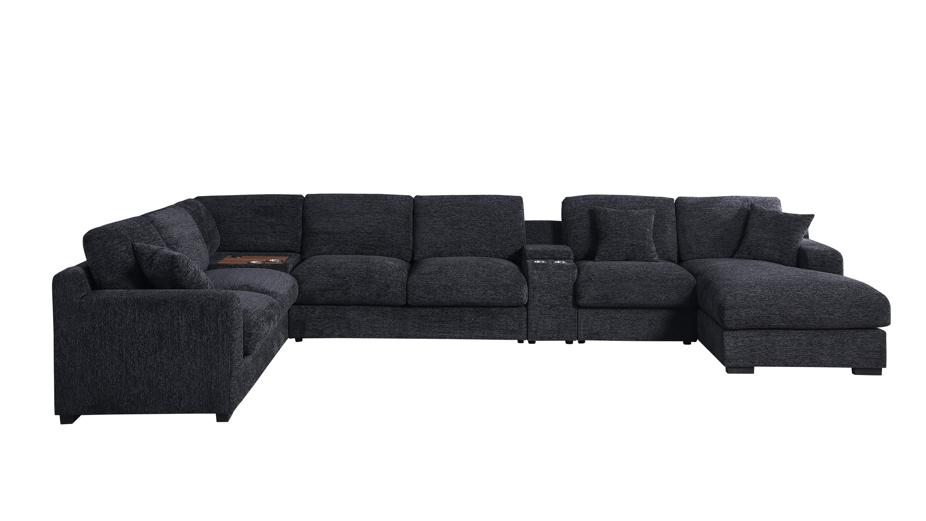 Front view of Celine sectional sofa in dark gray with chaise, USB ports, and cupholders. Features plush cushions and modern design.