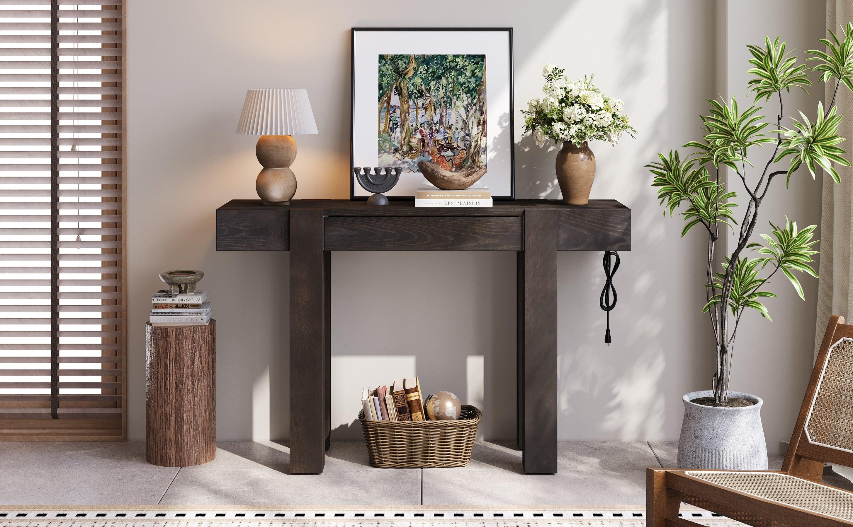 Rustic Console Table with Power Outlet and Hidden Drawer.