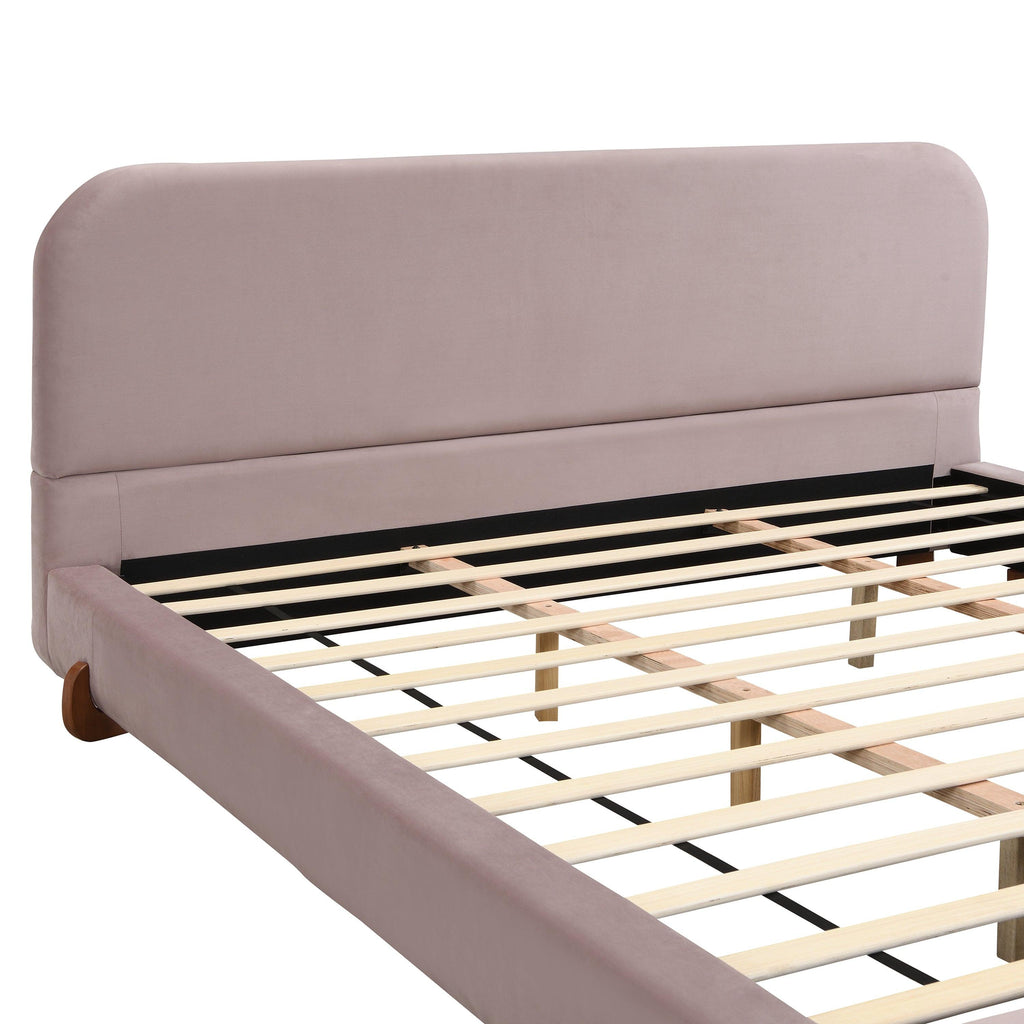 Pink Velvet Bed Frame with Brown Wood Legs - King Size.
