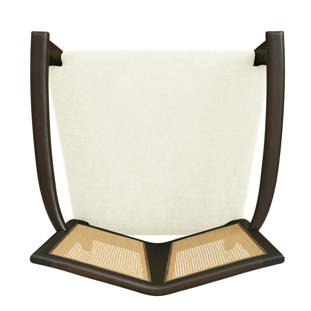 Underside view of Mid Century Dining Chair with Rattan Back, showing seat construction and frame support.