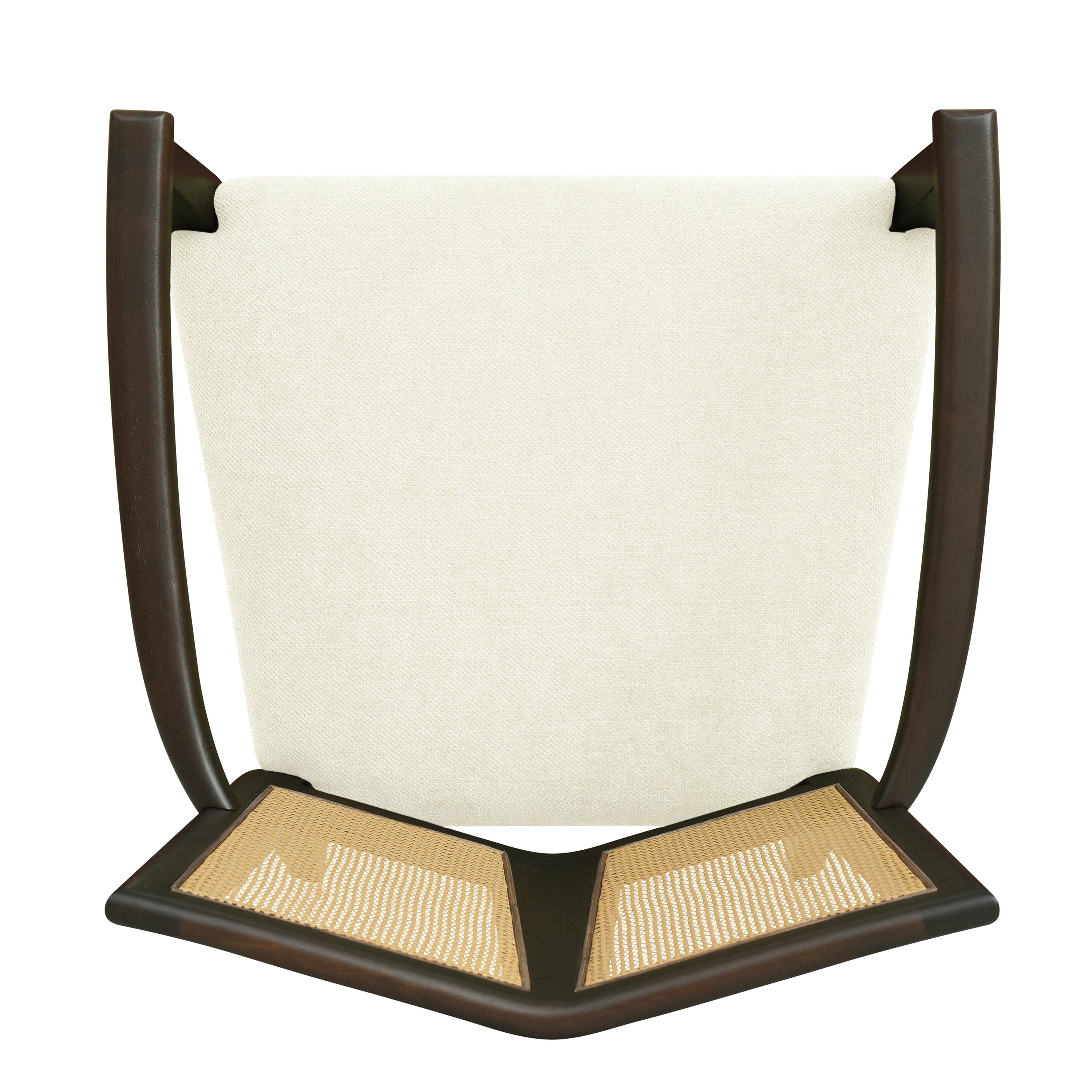 Underside view of Mid Century Dining Chair with Rattan Back, showing seat construction and frame support.