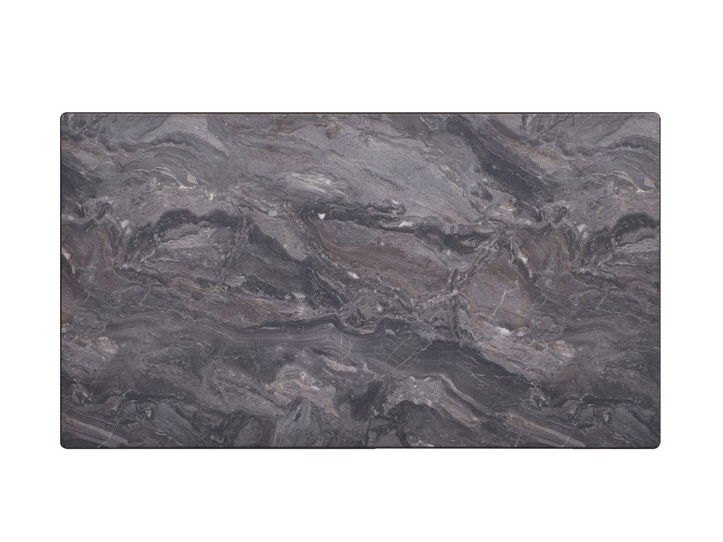 Top-down view of faux marble table surface, featuring a rich, swirling pattern that adds sophistication to the walnut dining set.