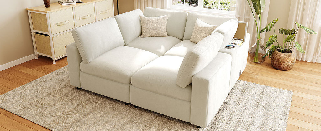 Modular Sofa with Charging - Storage | Chenille, 4 Seats in compact square layout, ideal for tech-savvy and space-conscious living areas.