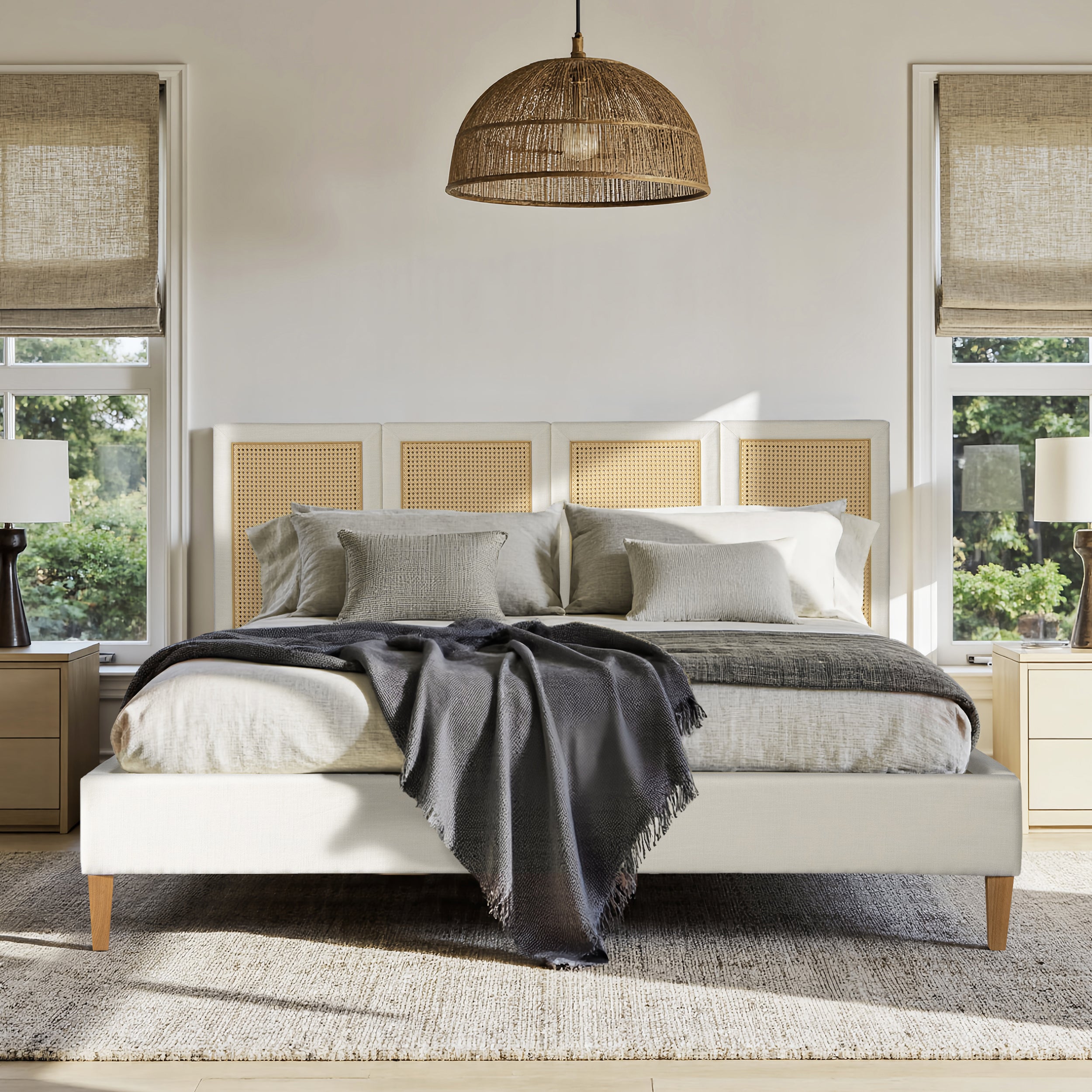 King Upholstered Cane Bed - Toscana in a bohemian bedroom setup, featuring layered neutral bedding and natural light from large windows.