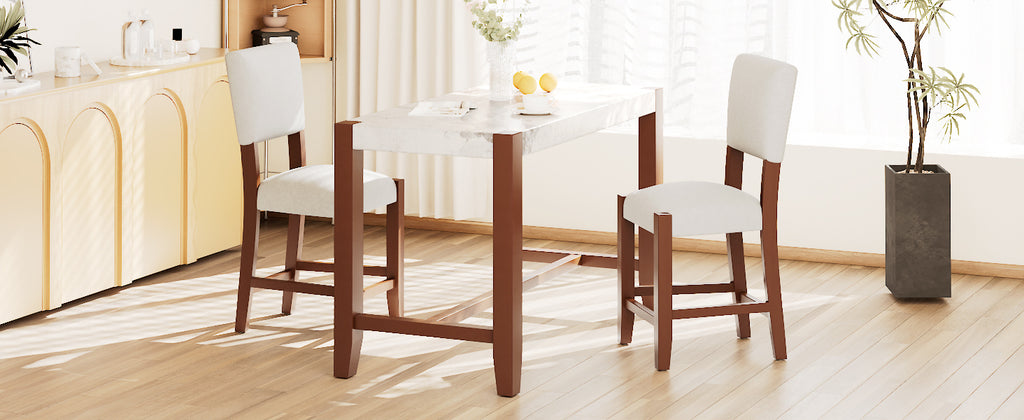 3-Piece Counter Height Dining Table Set for 2, Faux Marble Bar Table and 2 Upholstered-Seat Chairs, Mid-century Modern Dining Set for Dining Room, Pub Kitchen, Small Place