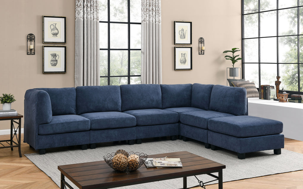 120-Inch Dark Blue Polyester Modular Sectional Sofa with 6 Seats