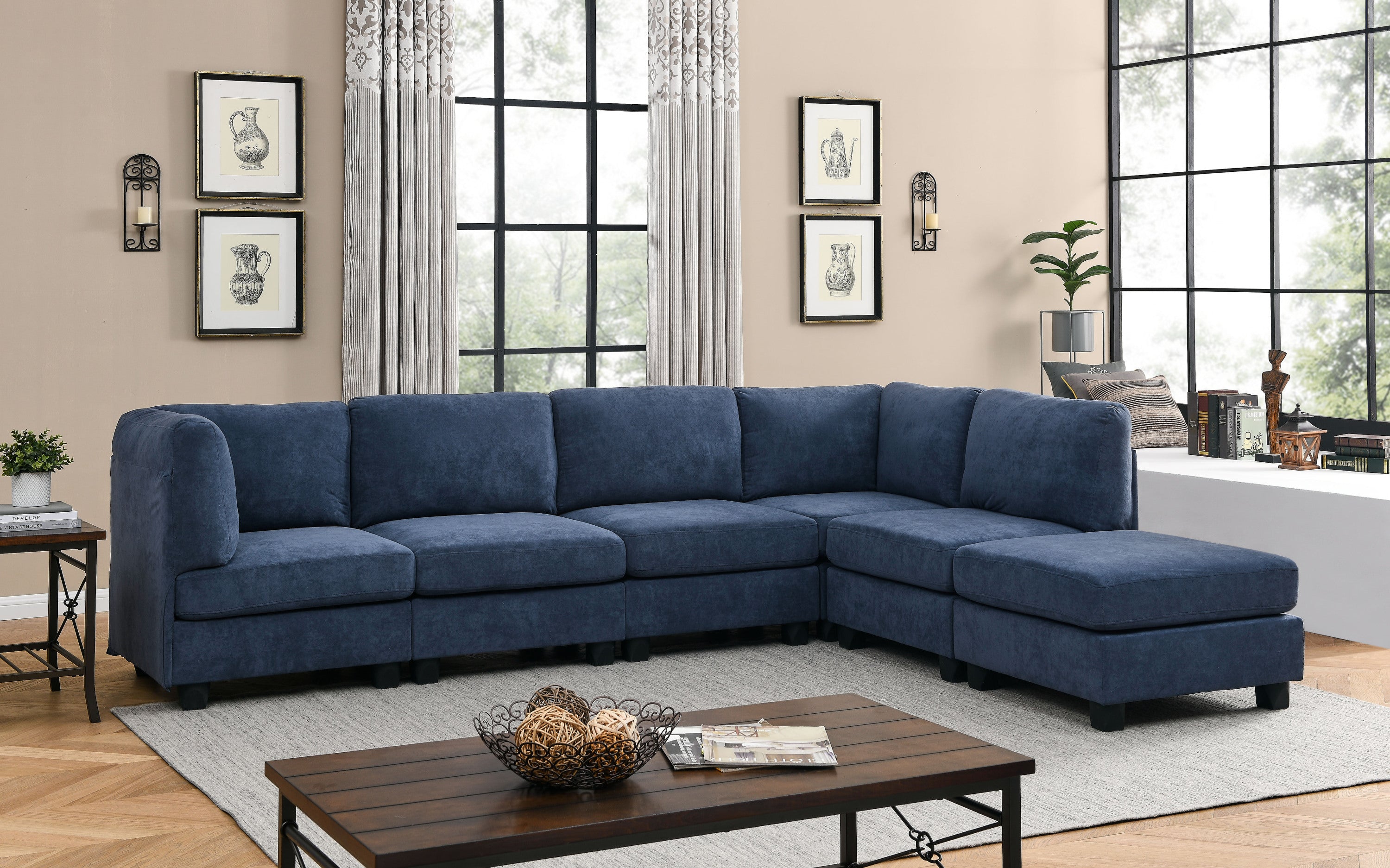 120-Inch Dark Blue Polyester Modular Sectional Sofa with 6 Seats