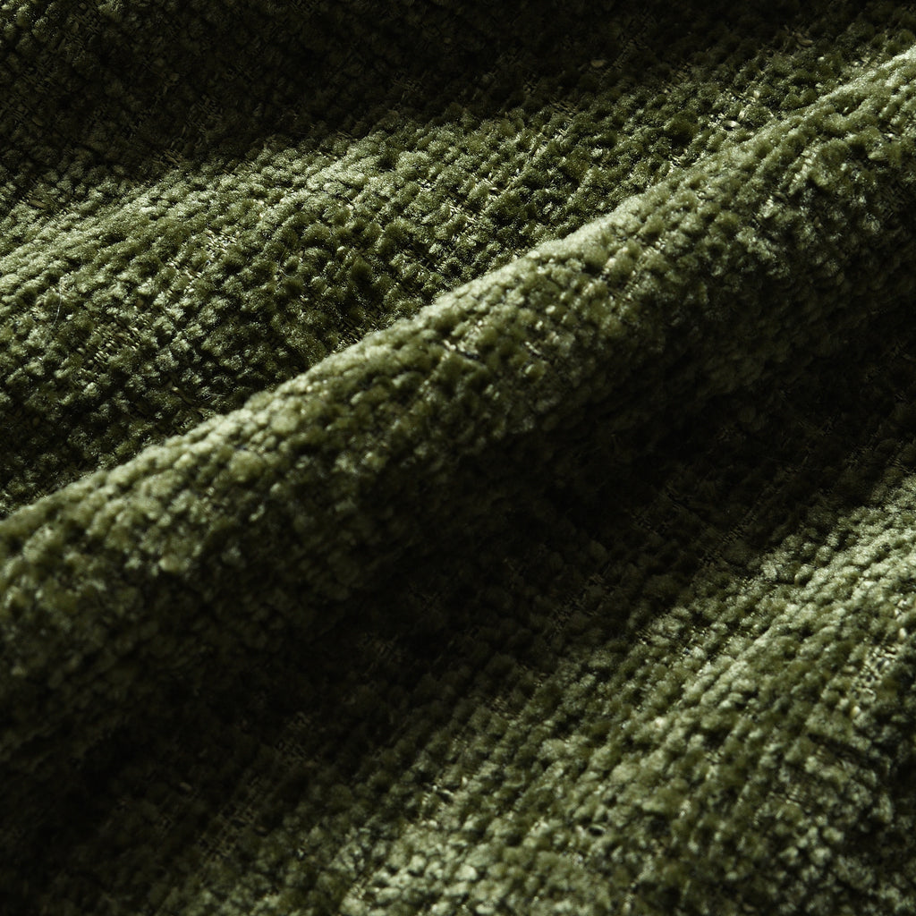 Close-up texture of green particle chenille fabric used on 116'' compressed sofa with high density foam, soft and durable.