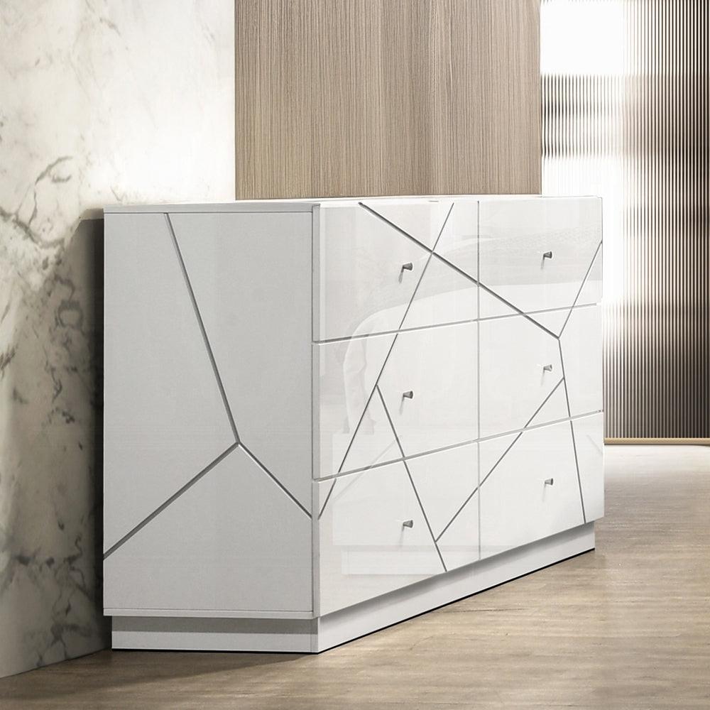 Modern White Dresser with 6 Drawers and Embossed Lines.