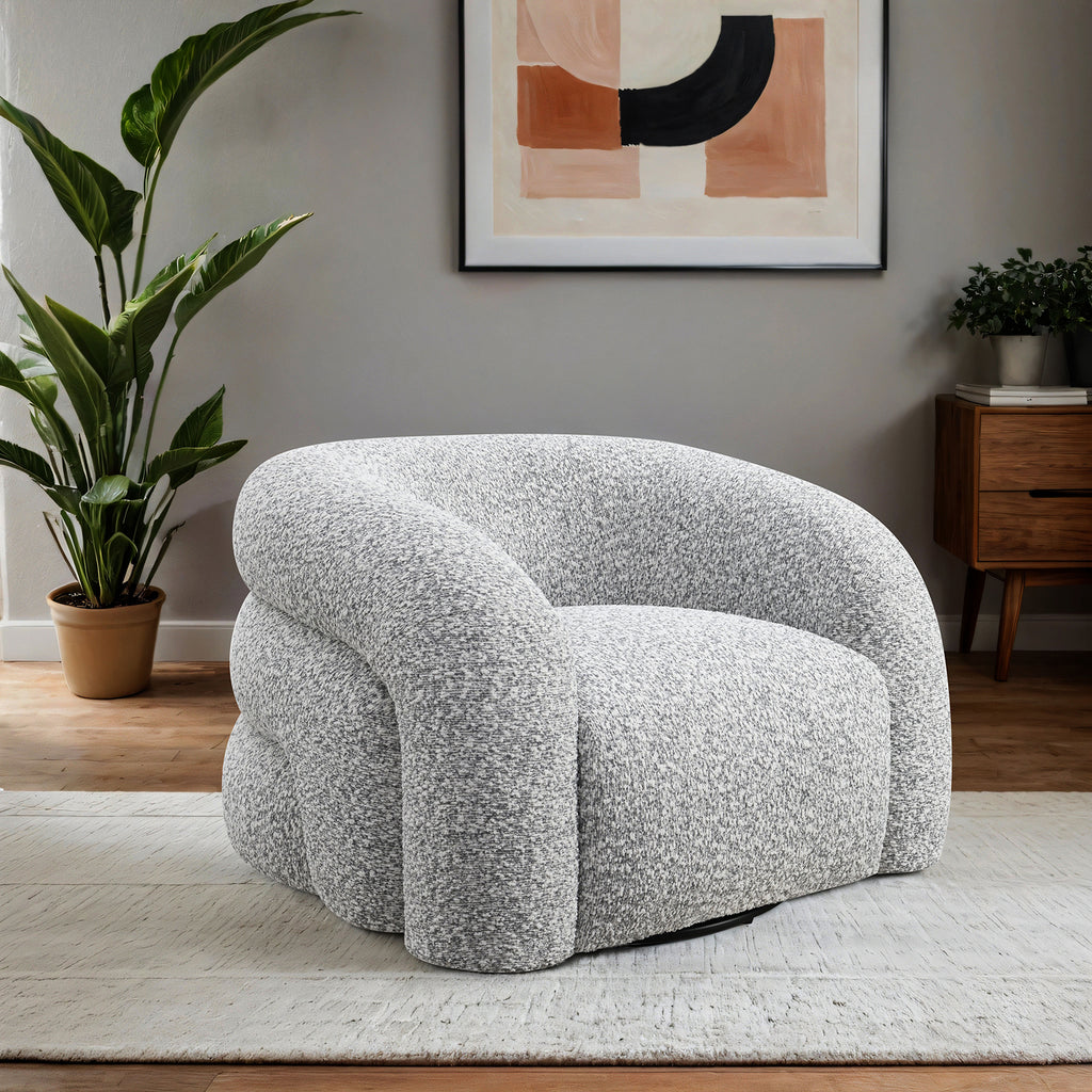 Swivel Chair Gray - Contemporary Style with 360° curved back in a modern living room, featuring plush upholstery and rounded design.