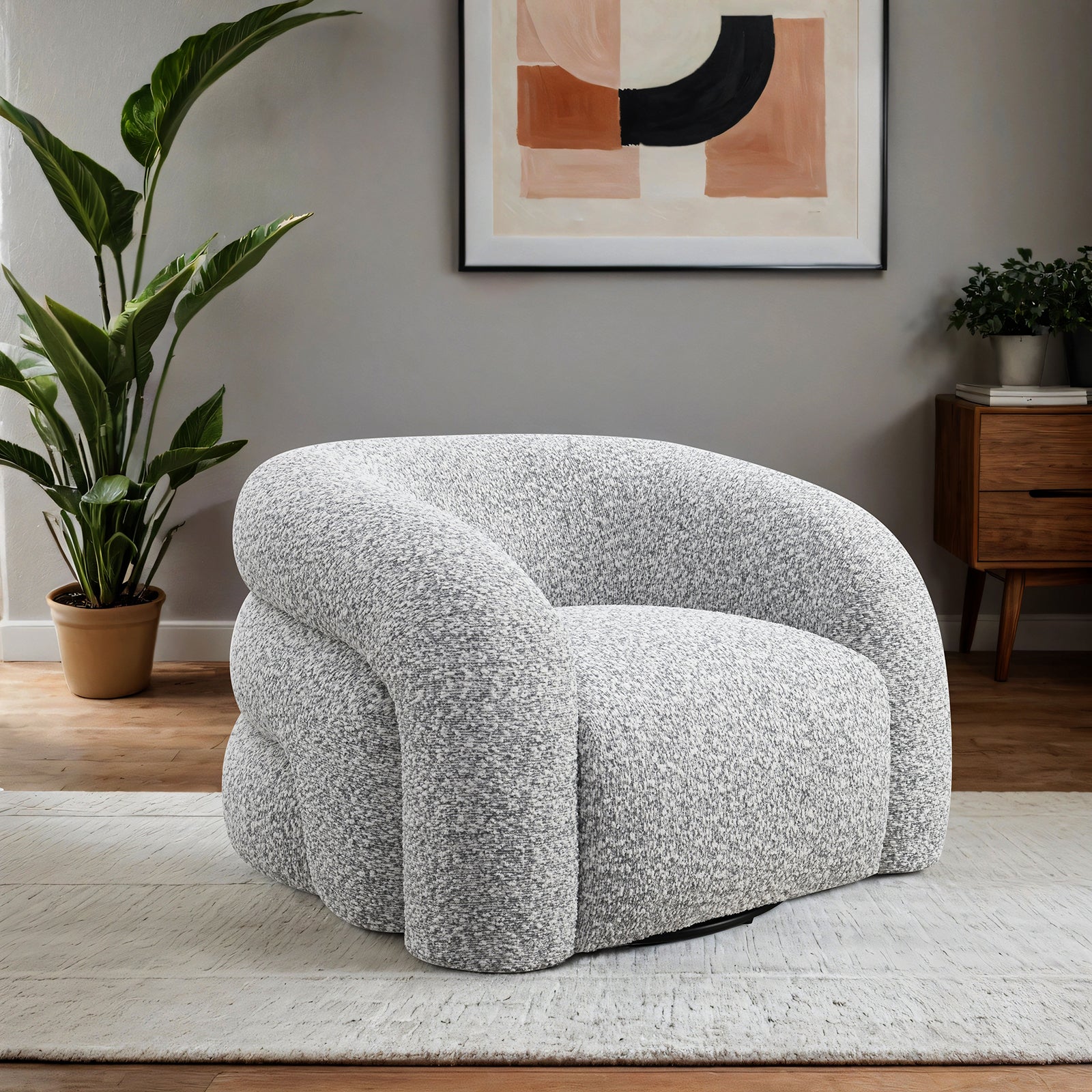 Swivel Chair Gray - Contemporary Style with 360° curved back in a modern living room, featuring plush upholstery and rounded design.