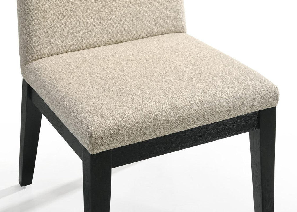 Jacopo Ebony Black Round Dining Table Set with Beige Chairs.