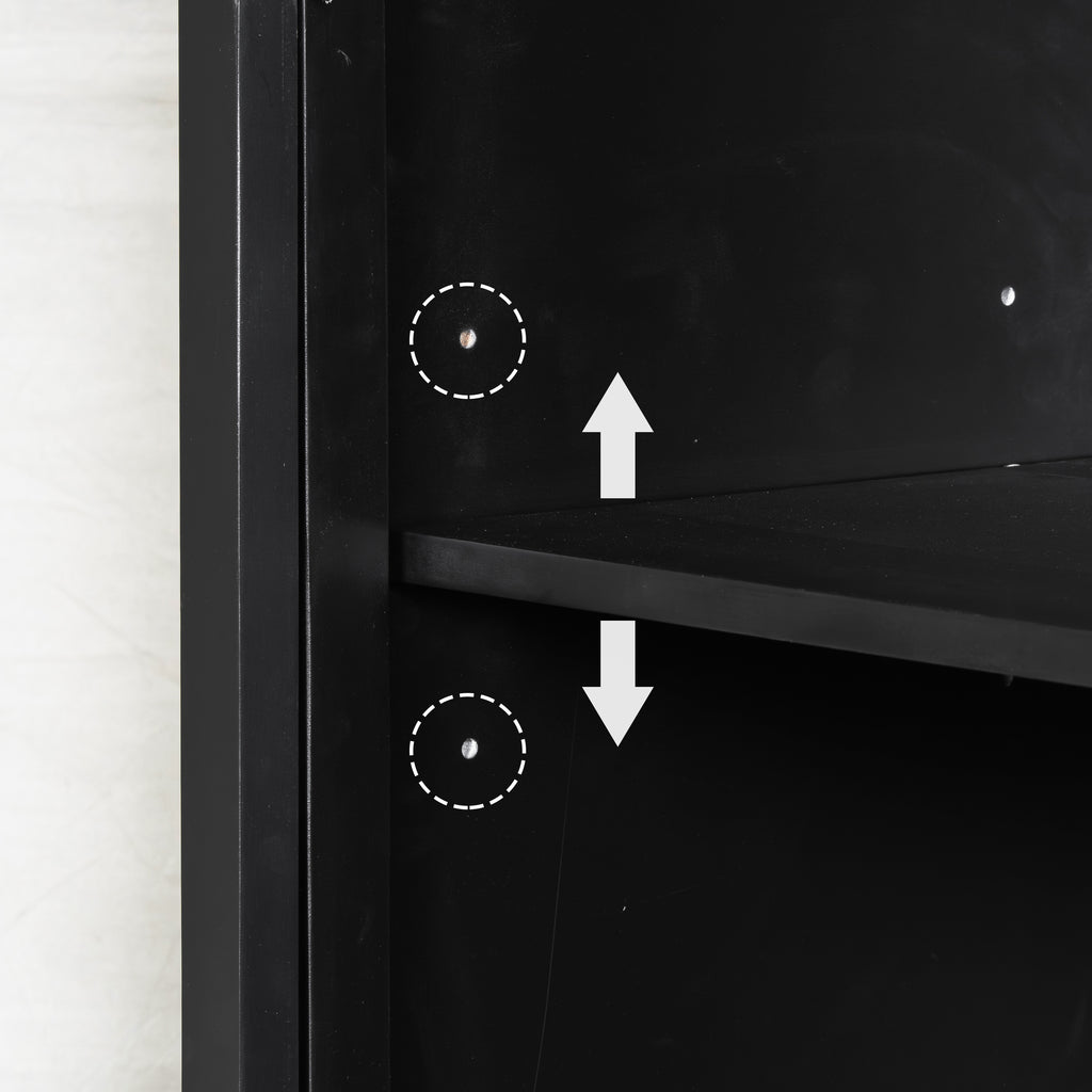 Interior view of black cabinet showing adjustable shelf mechanism with arrows and guide holes for custom storage height.