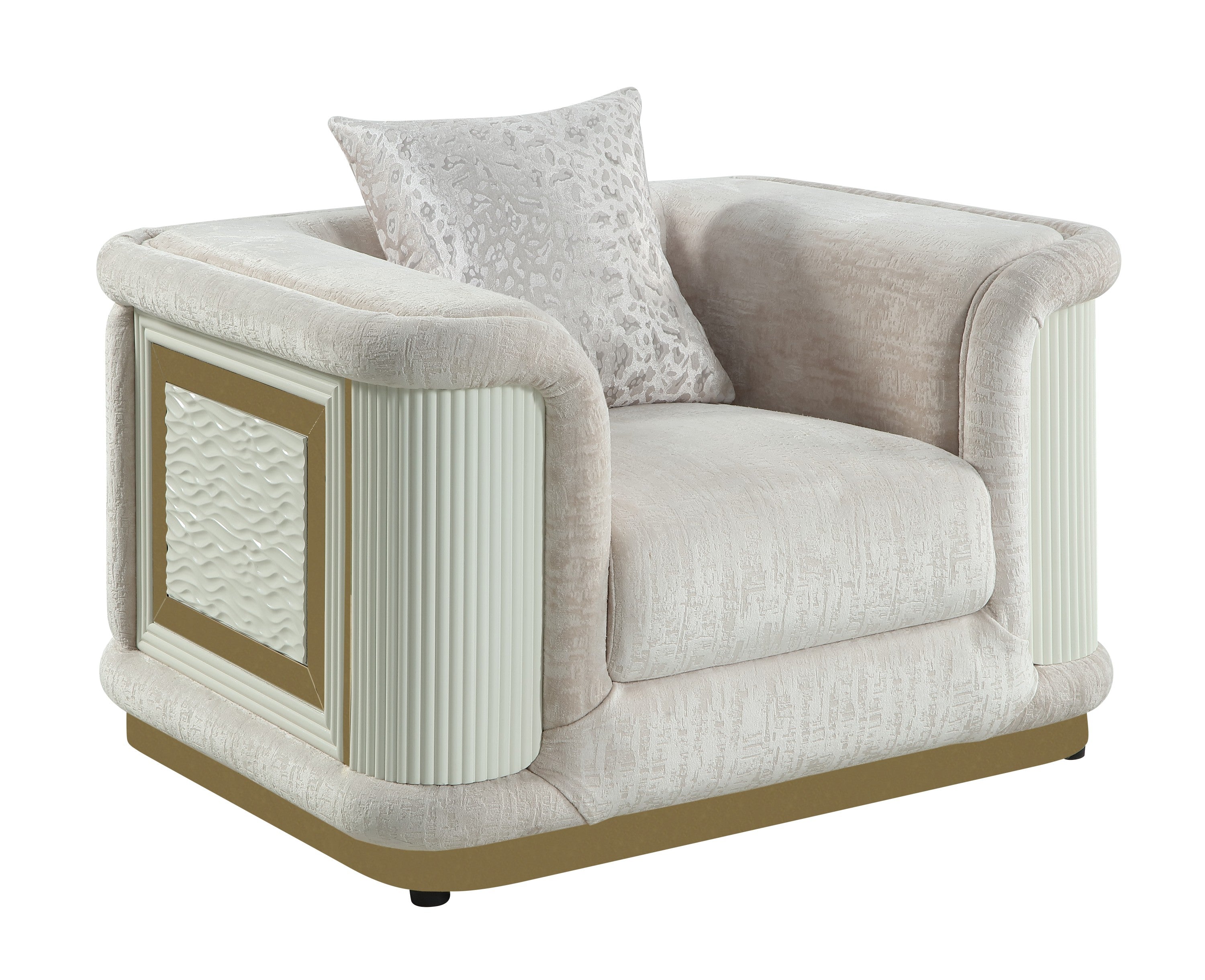 Contemporary beige fabric accent chair with gold-accented frame, textured side panels, and a patterned throw pillow.