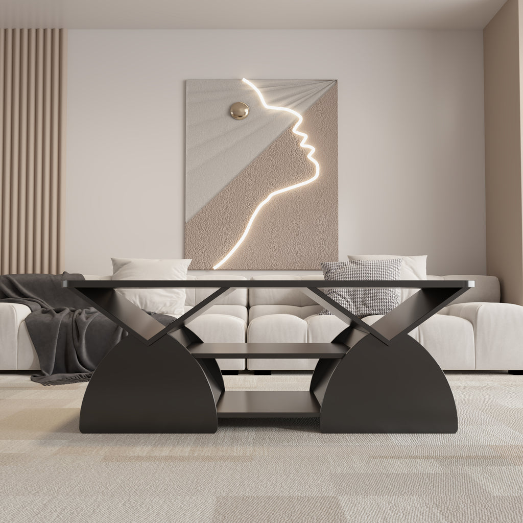 Side view of engineered coffee table with wood storage and geometric design, placed in a modern living room.