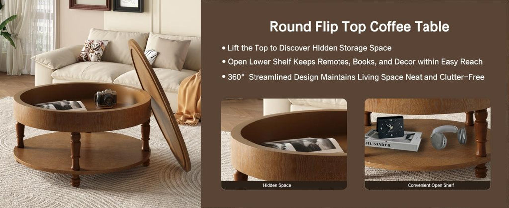 Coffee Table with Dual Storage for Living Room, 31.5' Modern Round Coffee Table with Storage and Hidden Compartment, Adjustable Leveling Feet, Easy Assembly (Walnut).