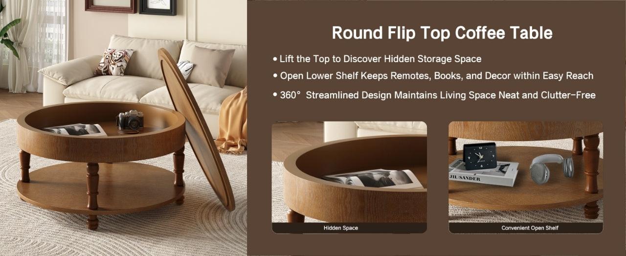 Coffee Table with Dual Storage for Living Room, 31.5' Modern Round Coffee Table with Storage and Hidden Compartment, Adjustable Leveling Feet, Easy Assembly (Walnut).