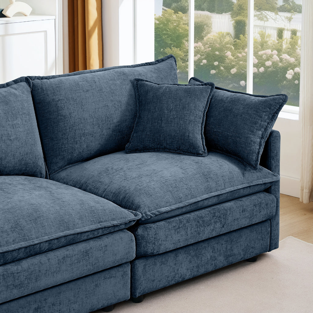 Modern Modular Sectional Sofa, 102 Inch L-Shaped Couch with Movable Ottoman, Blue Chenille Upholstery