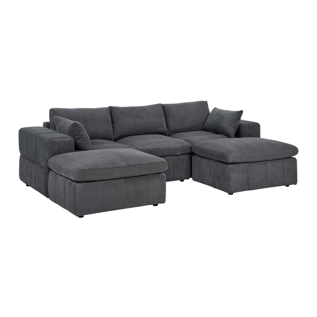 Angled view of modular sectional with ottomans in soft corduroy. Showcases large armrests and deep seating for comfort and style.