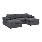 Angled view of modular sectional with ottomans in soft corduroy. Showcases large armrests and deep seating for comfort and style.