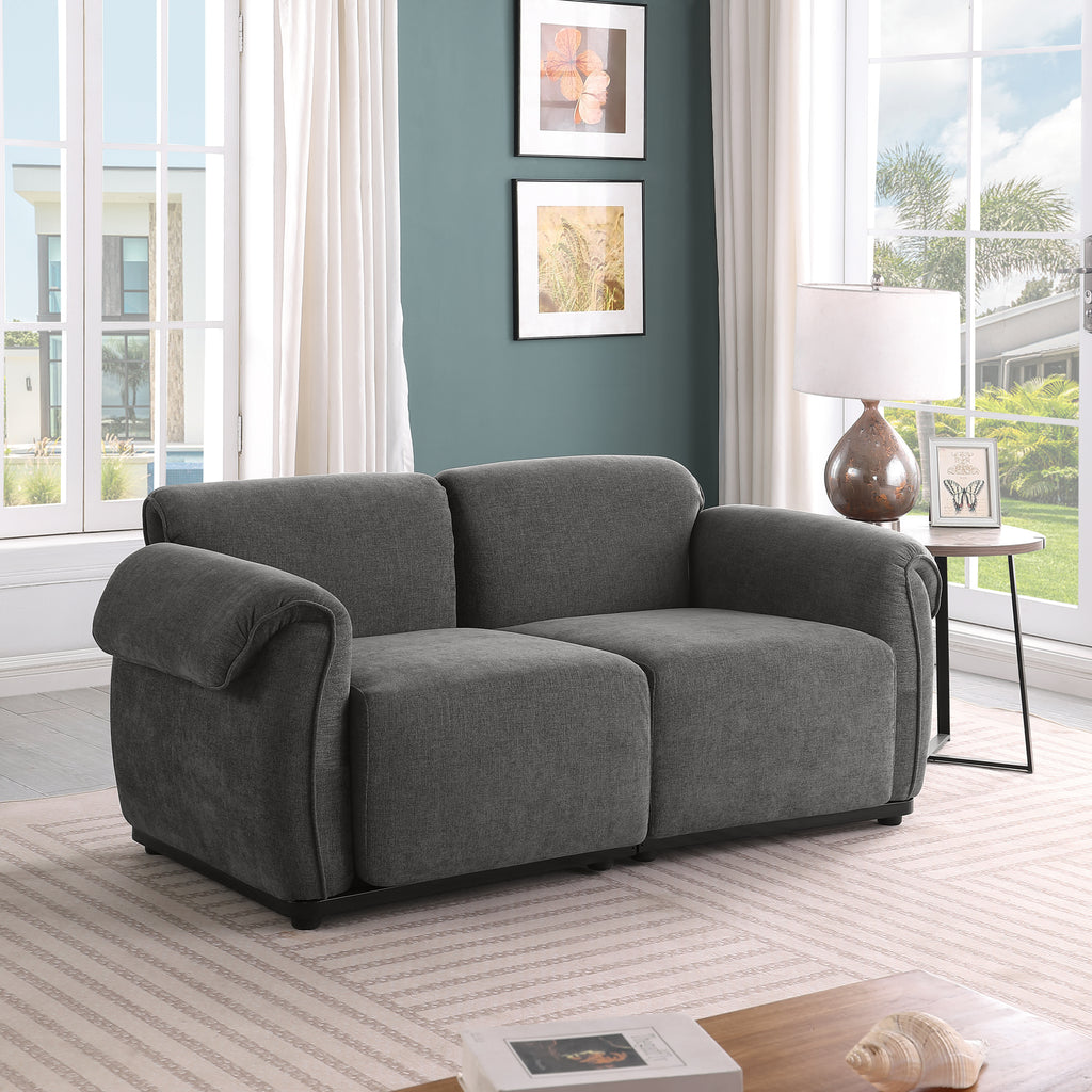 Modern grey chenille modular loveseat with a sturdy iron frame, perfect for a cozy living room setting.