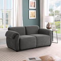 Modern grey chenille modular loveseat with a sturdy iron frame, perfect for a cozy living room setting.