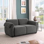 Modern grey chenille modular loveseat with a sturdy iron frame, perfect for a cozy living room setting.