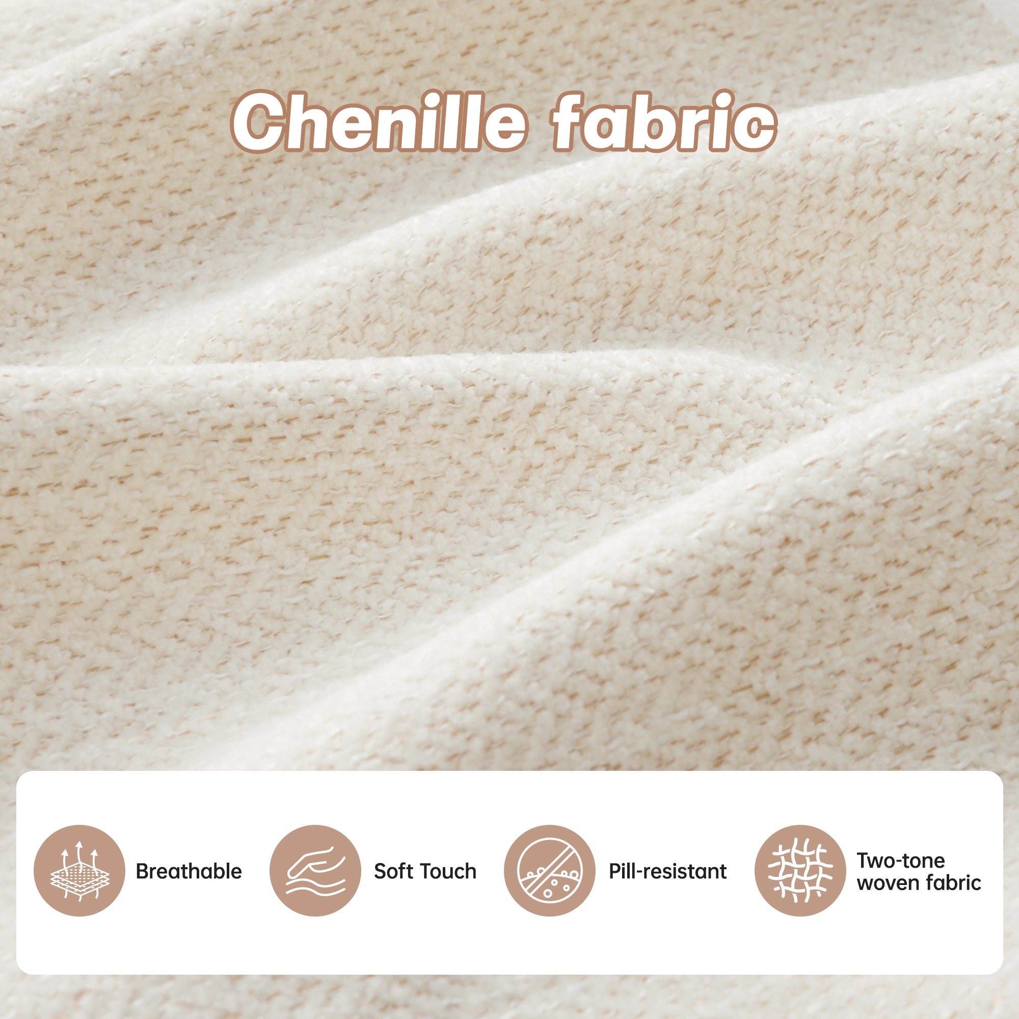 Close-up of breathable, pill-resistant chenille fabric with soft texture and two-tone woven design, ideal for modular L-shaped sofas.