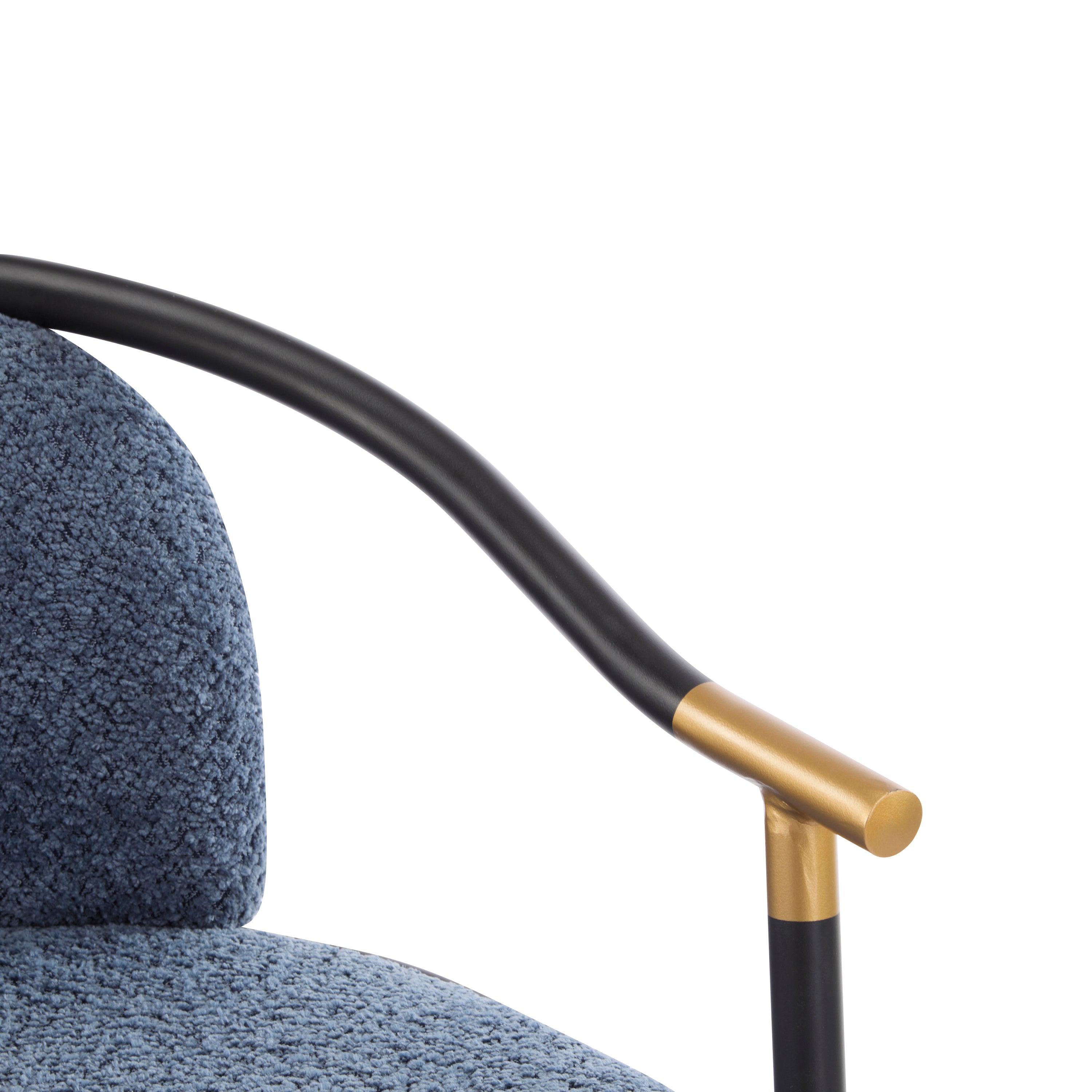 Close-up of gold-accented armrest on upholstered counter stool, highlighting the elegant contrast with the black metal frame.