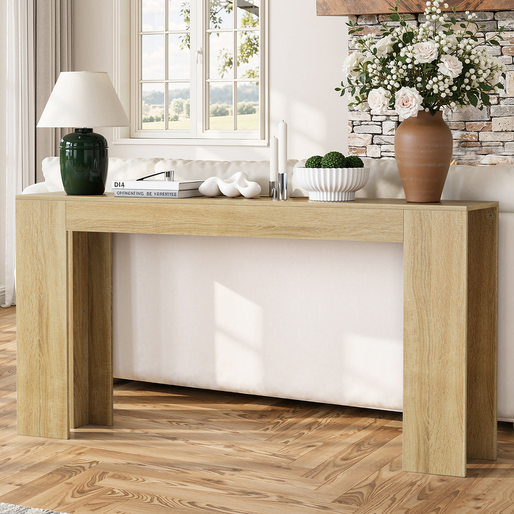 Farmhouse Oak Console Table - Extra-Long Entryway Table styled behind a sofa with decor accents, perfect for living room or hallway display.