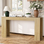 Farmhouse Oak Console Table - Extra-Long Entryway Table styled behind a sofa with decor accents, perfect for living room or hallway display.