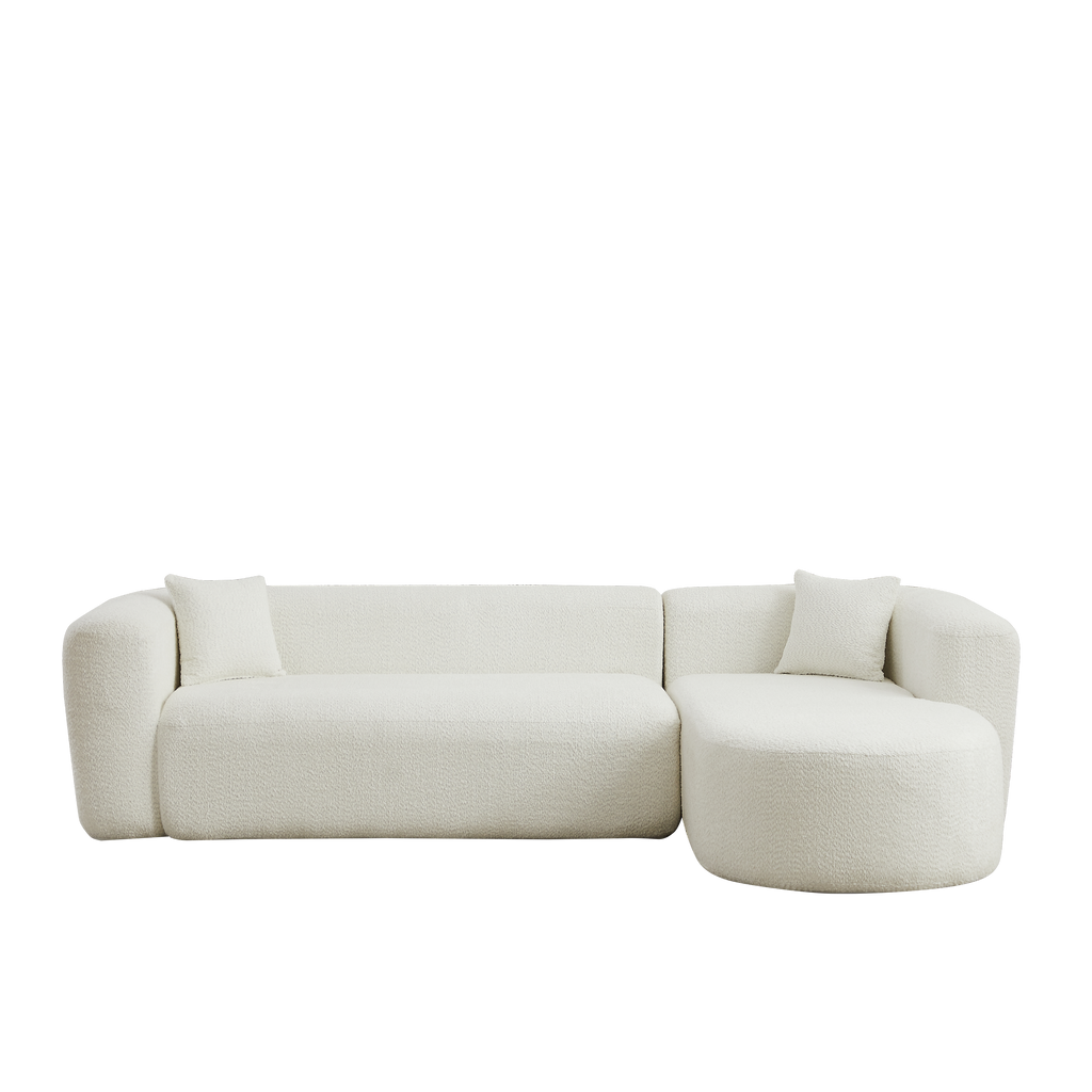 Isolated front view of 109.4' modular sectional sofa in beige chenille fabric on black background, showcasing its sleek silhouette.