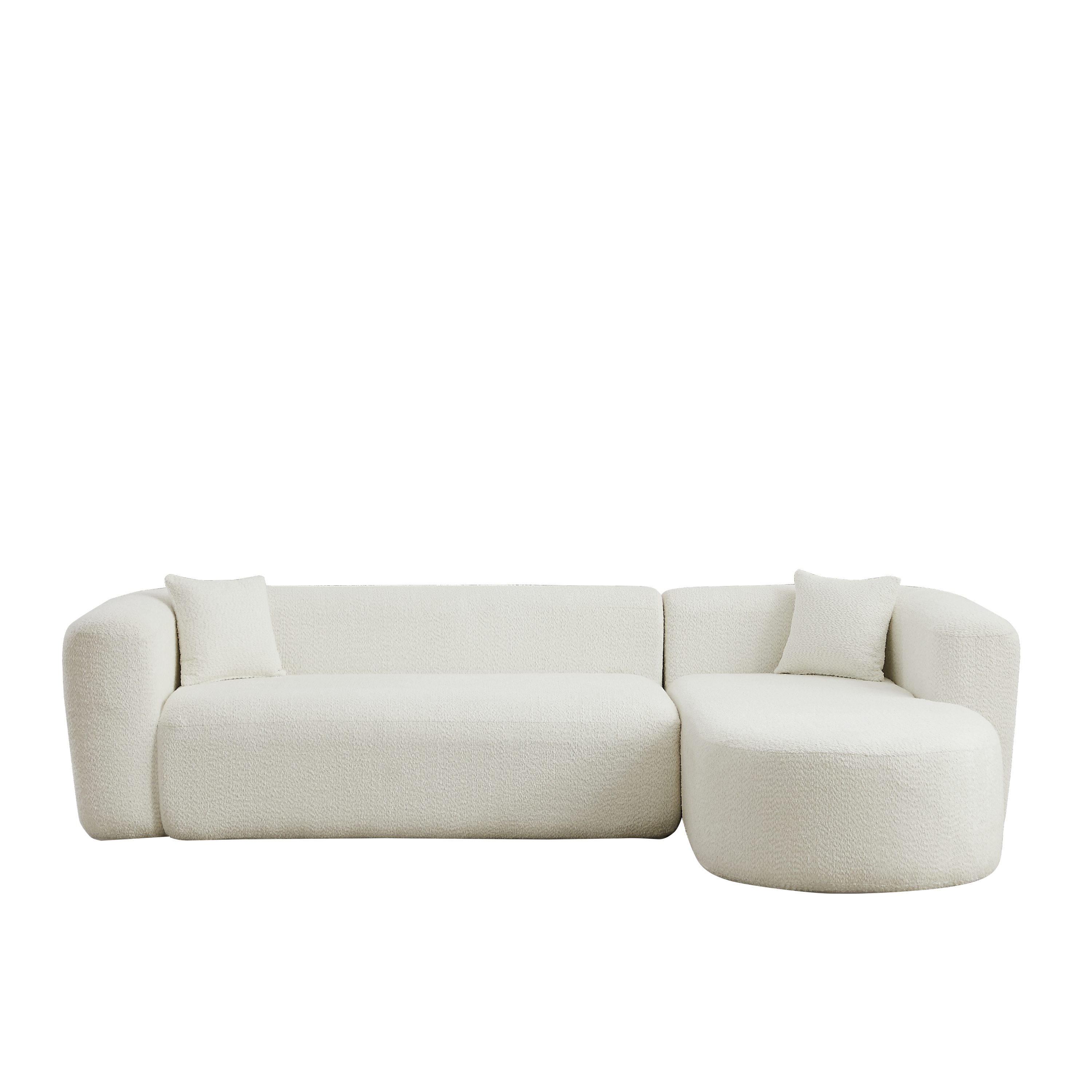 Isolated front view of 109.4' modular sectional sofa in beige chenille fabric on black background, showcasing its sleek silhouette.