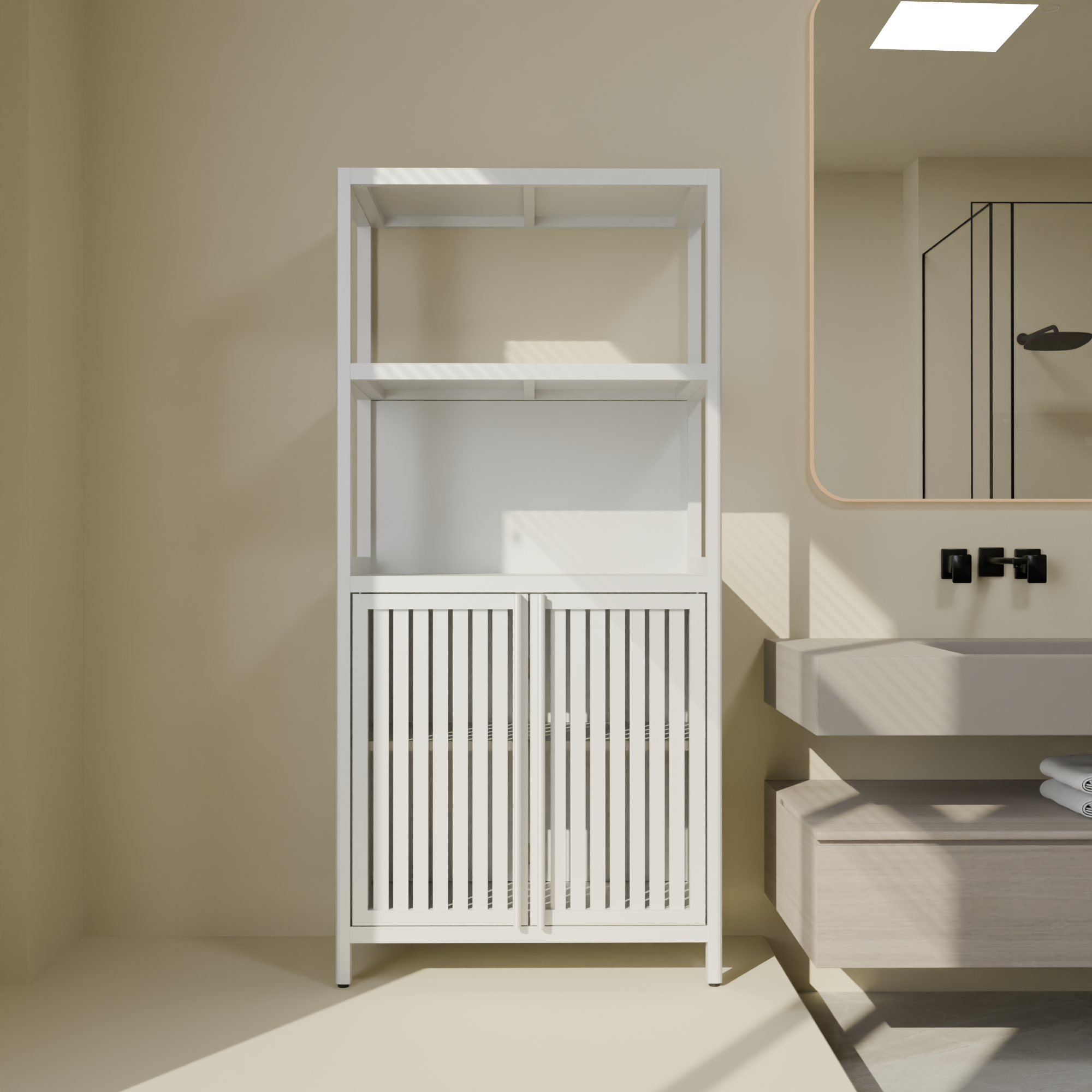 28-Inch White Bamboo Bathroom Storage Cabinet with 2 Doors