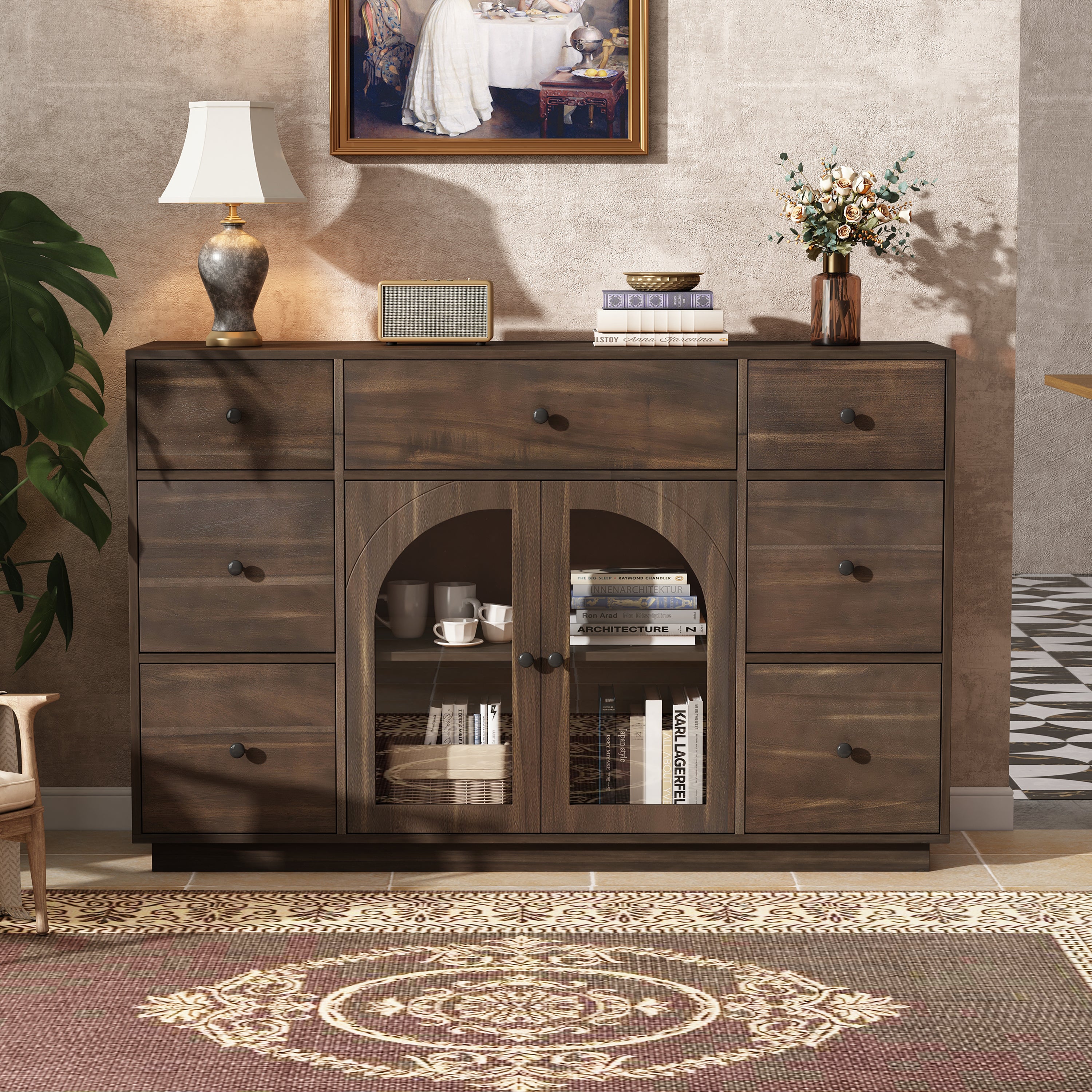 Large dark brown wooden buffet with arched glass cabinet doors and seven drawers for organized home storage.