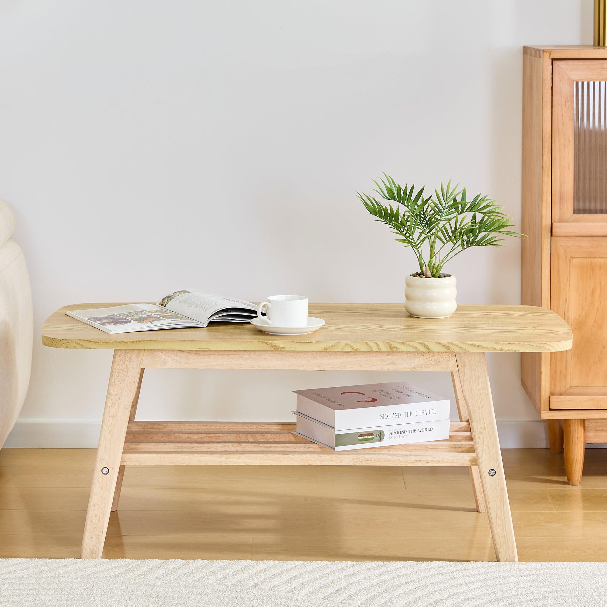 39 Inch Solid Wood Coffee Table with Double Layer Storage.